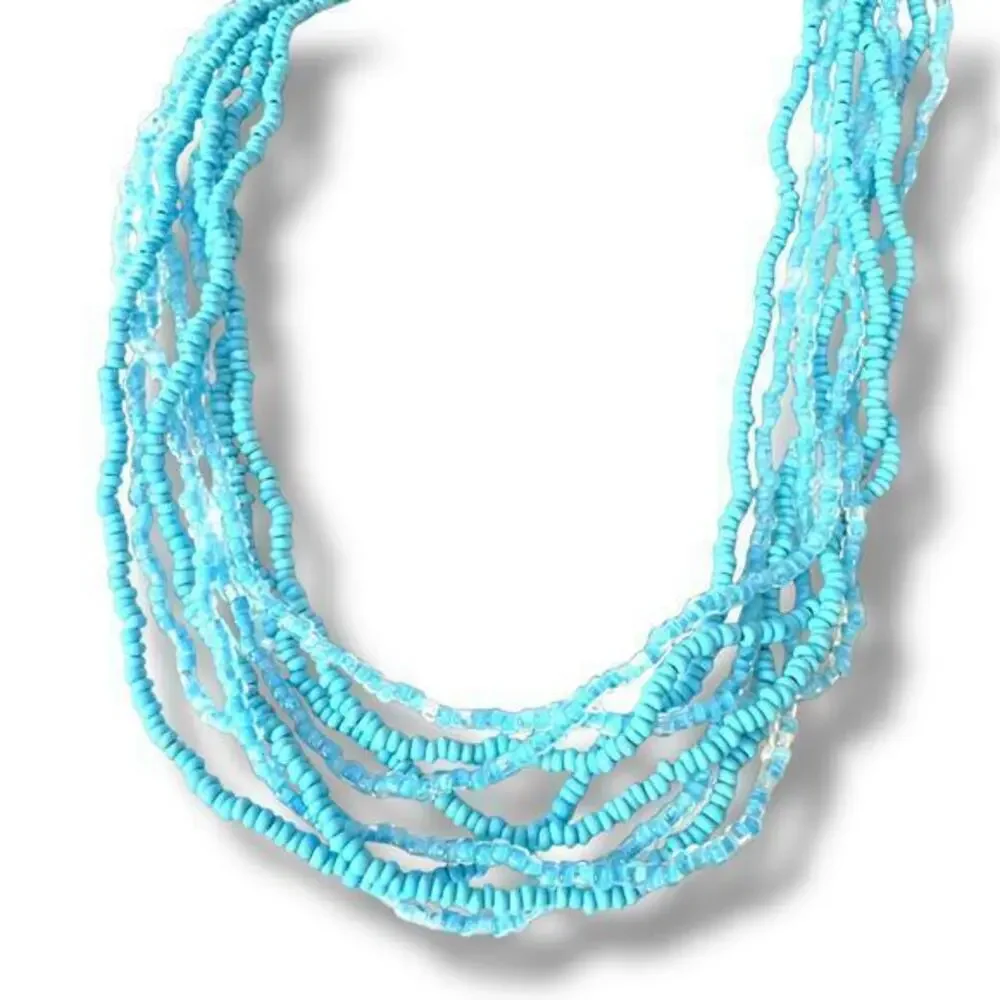 Vintage Long 54” Beautiful Sky Turquoise Blue Beaded Multi Row Aqua Necklace